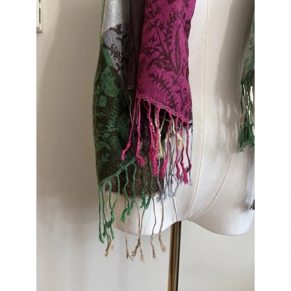 Colorful Plaid Pashmina Shawl Scarf Wrap‎ Fringe Y2K Vibe Brown Pink Green Silk